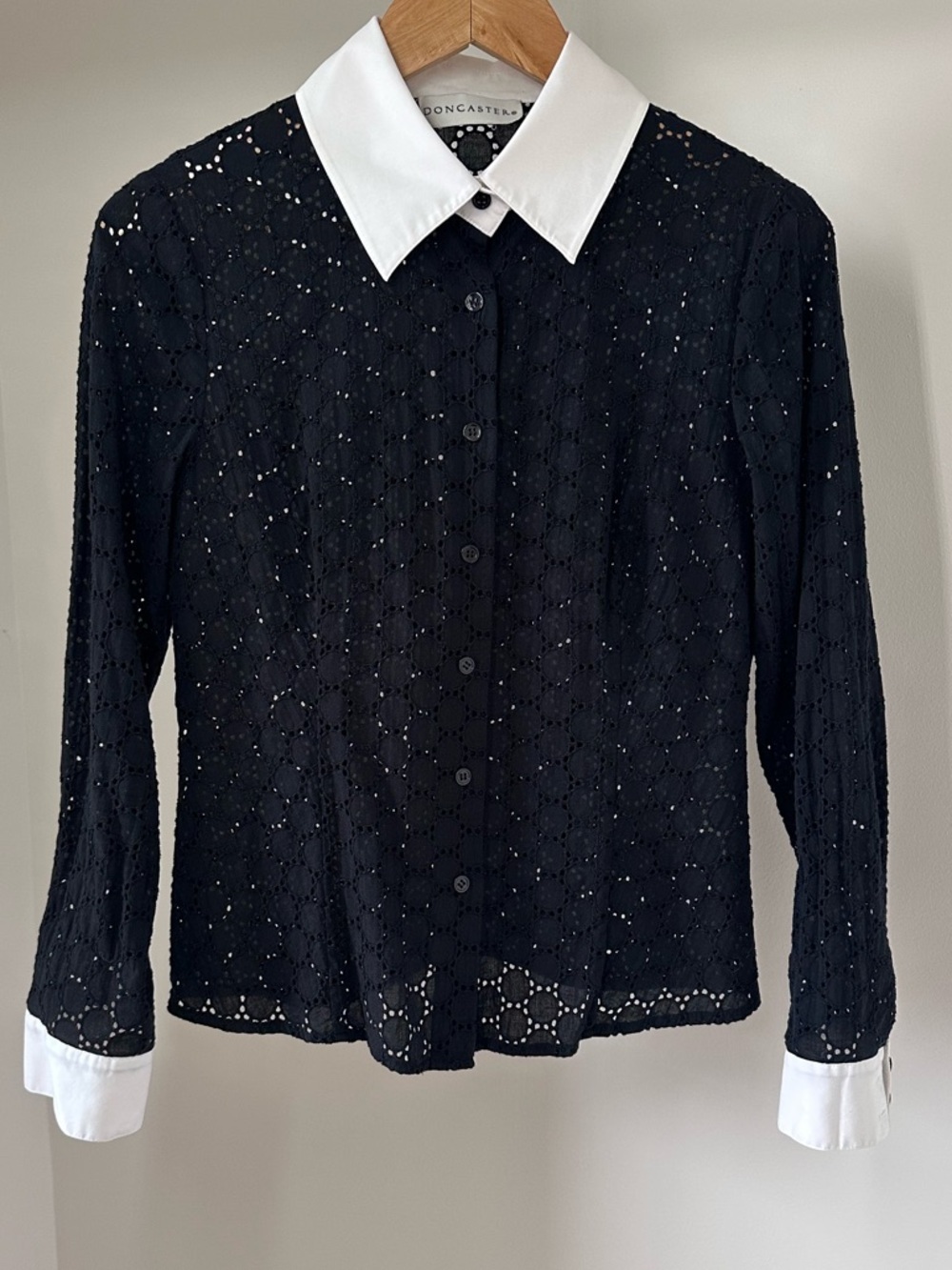 Doncaster Classic Black Eyelet Button-Front Top with White Collar and Cuffs